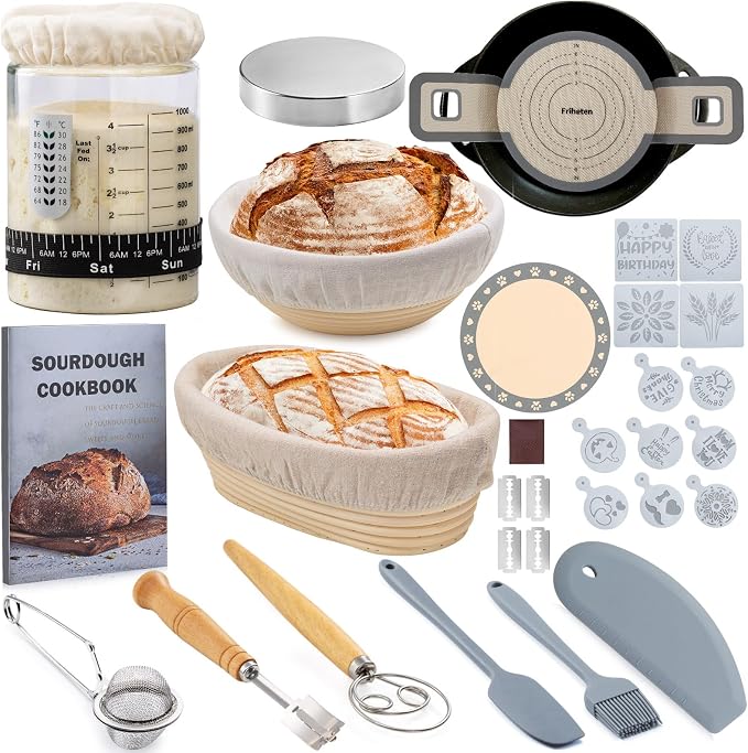 Friheten Sourdough Starter Kit,Sourdough Bread Baking Supplies,40oz Sourdough Starter Jar,Banneton Bread Proofing Basket Set with 9" Round & 10" Oval,Sourdough Bread Baking Tools by GorgeousGrillToolsSetGifts
