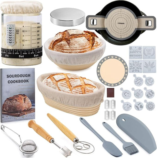 Friheten Sourdough Starter Kit,Sourdough Bread Baking Supplies,40oz Sourdough Starter Jar,Banneton Bread Proofing Basket Set with 9" Round & 10" Oval,Sourdough Bread Baking Tools by GorgeousGrillToolsSetGifts