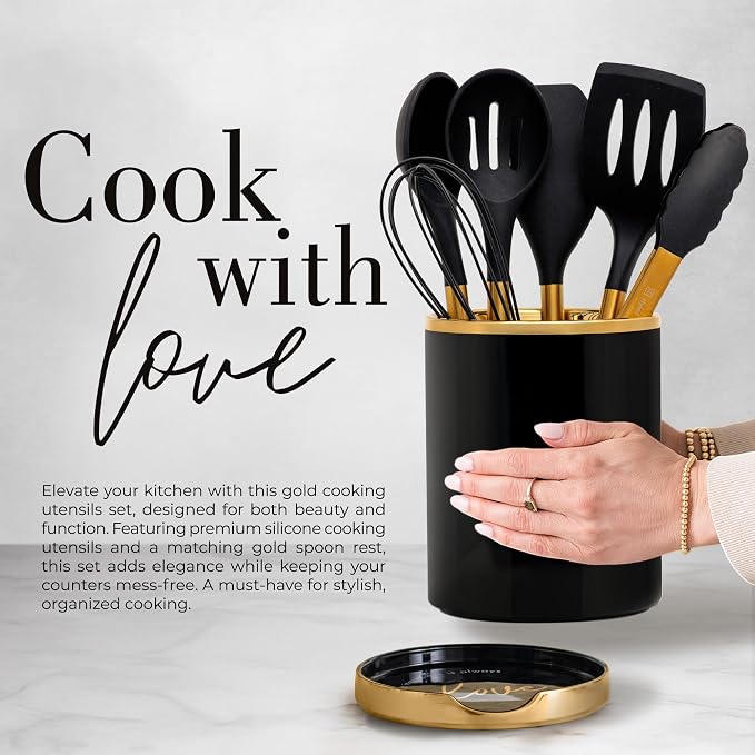 Styled Settings Black and Gold Kitchen Utensils Set with Holder, 8-Piece | Heat Resistant, Nonstick, Black Silicone Cooking Utensils Set, Ceramic Utensil Holder & Stackable Gold Spoon Rest - Image 5