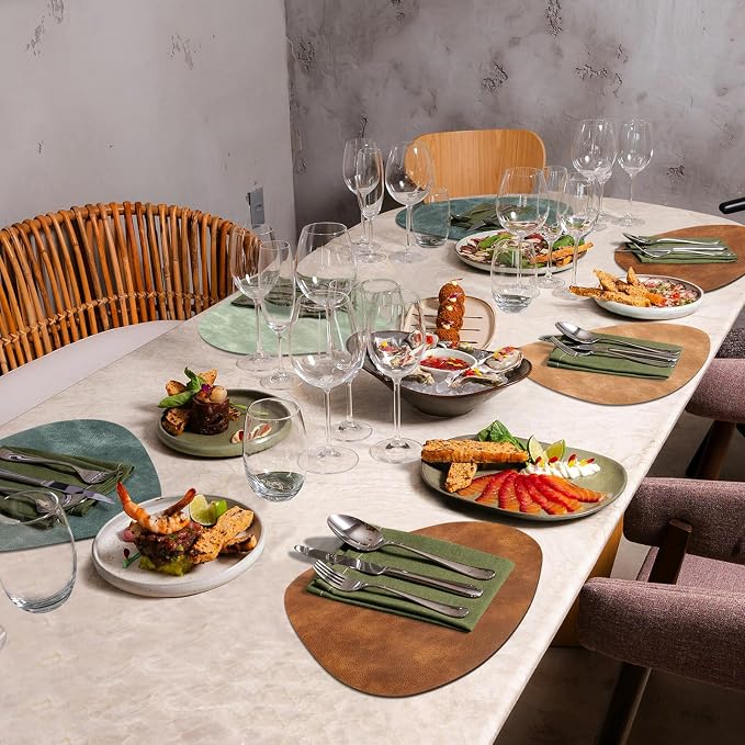 ADRIMER Placemats, Heat Resistant Round Placemats Set of 4 Washable 13 x 17 Inch, Waterproof Table Mats for Kitchen, Dining Room Table Christmas Decor, Turmeric Brown+Camel+Green+Blue - Image 5