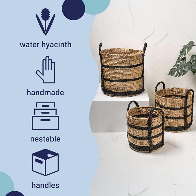 happimess Willow 3-Piece Nesting Hyacinth Baskets 19", Natural/Black | Handwoven, Rustic Cottage Stripe, Integrated Side Handles, Decorative Storage Containers, Living Room, Bedroom - Image 3