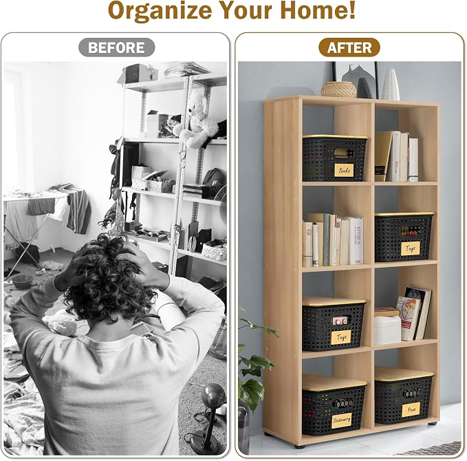 Stackable Storage Baskets: 8 Pack Plastic Baskets Bins, Black | Decorative Baskets for Organizing, Pantry Decorative Containers for Closets, Cabinets, Shelves - Image 6
