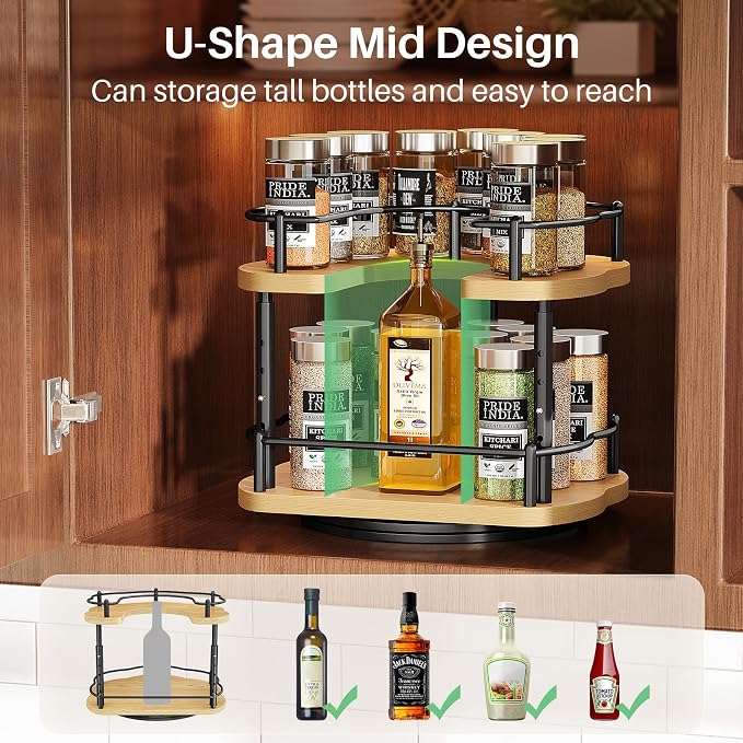 SNTD Lazy Susan Organizer Spice Rack - Spice Organization for Cabinet Height Adjustable Rotating Lazy Turntable, Pantry Kitchen Wood Revolving Seasoning Organizer (Natural, 9 Inch) - Image 5