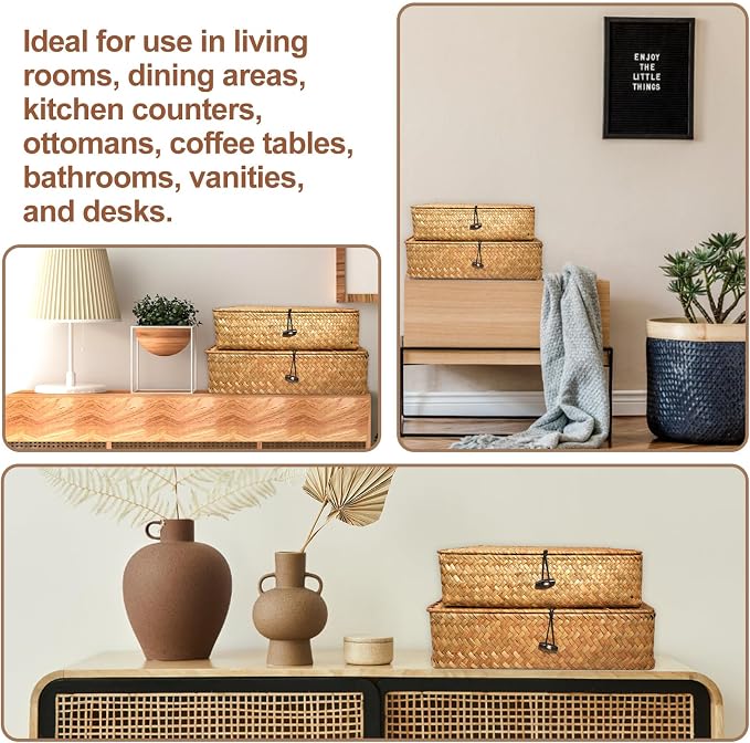 5 Pcs Seagrass Basket with Lid 5 Sizes Decorative Storage Boxes Rattan Wicker Storage Basket with Lids Woven Organizer Baskets Multipurpose Flat Storage Bins for Shelf Closet Bedroom (Brown) - Image 7