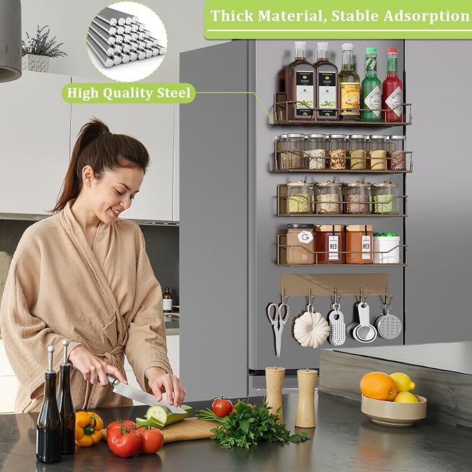 Magnetic Spice Rack for Refrigerator, 5 Pack Metal Strong Magnet Spice Organizer Shelves with Hook Rack, Space Saving Magnetic Fridge Shelf for Home Kitchen Organization and Storage (Brown) - Image 5
