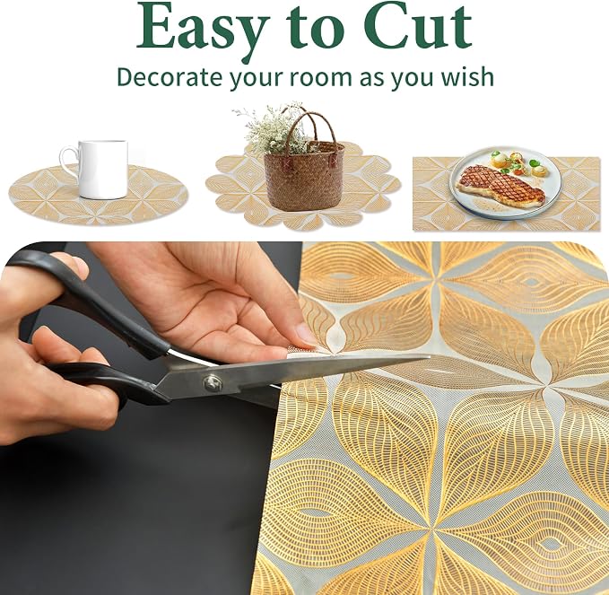 3D Drawer and Shelf Liner for Kitchen Cabinet: 12 in X 20 Ft Waterproof | Shelf Paper Non Adhesive Refrigerator Liners Golden Leaf Easy Liners for Bathroom with Knife Tape Measure - Image 5