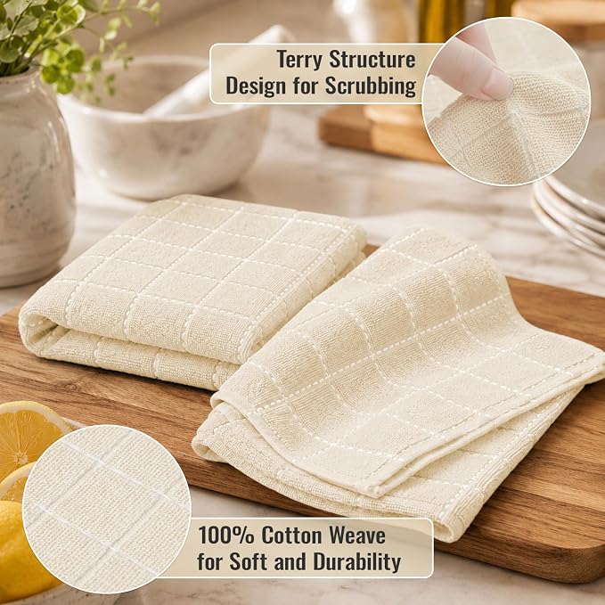Kitinjoy 100% Cotton Terry Kitchen Towels, 13”x 28”, 8-Pack, Beige | Checkered Designed, Ultra Soft Absorbent Quick Drying Dish Towels - Image 2