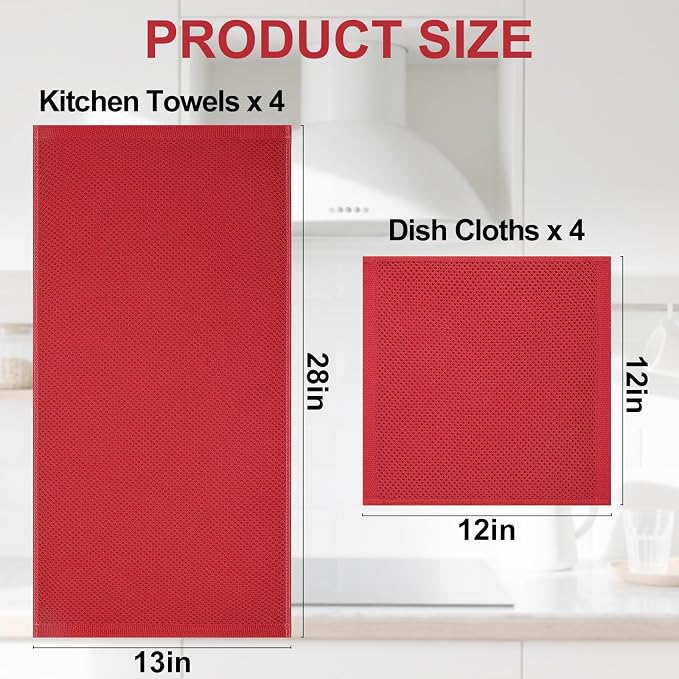 Homaxy 8 Pack 100% Cotton Kitchen Towels and Dishcloths Set, Red | 12 x 12 Inches and 13 x 28 Inches Kitchen Towels Set, Ultra Soft Absorbent Dish Cloths for Washing Dishes - Image 4