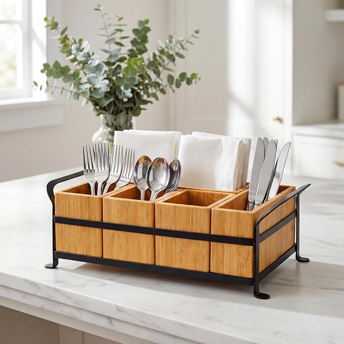 Bamboo Utensil Caddy with Handle - 5 Compartment Silverware Holder for Party & Kitchen Countertop - Removable Wooden Flatware Organizer for Picnic, BBQ, Buffet, RV & Outdoor Dining - Image 2