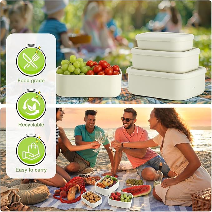 2 Sets of 6 Silicone Food Storage Containers, Reusable Lunch Bento Box with Lid, Hard Shell Storage Containers, Microwave Dishwasher Freezer Safe, 10 oz, 23.6 oz, 44 Ounce(Bone White) - Image 7