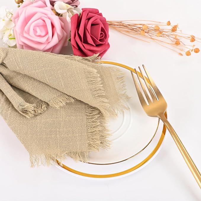 50 Pack Caramel Cloth Napkins, 16 x 16 Inch Cotton with Fringe Settings | Handmade washable reusable cotton dinner napkins in bulk for weddings, parties, rustic boho table settings - Image 6