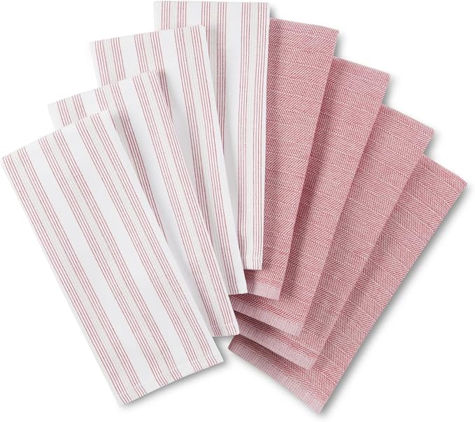 KitchenAid Chambray Stripe Kitchen Towels 8-Pack, Absorbent 100% Woven Cotton, Passion Red/White, 17”x28” by KitchenAid