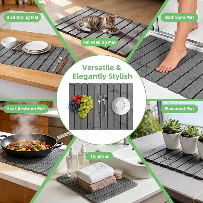 Large Stone Dish Drying Mat for Kitchen Counter, 24"×16" Foldable Quick Drying Mat, Absorbent Diatomaceous Earth Drying Mat for Bottles Cups Dishes, Match Any Countertop (Dark Gray Marble, 24" x 16") - Image 3