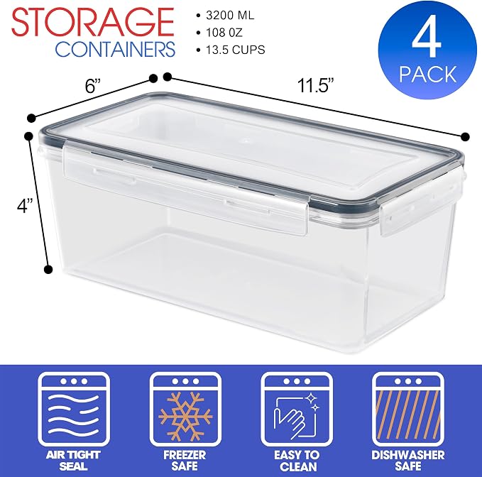 Sorbus Food Storage Containers - Pack of 4 - Air Tight, Four-Way Snap Lids Keeps Food Fresh - Store Cereal, Pasta, Flour, Nuts, Candy - Durable Plastic Kitchen Pantry Bins - Image 4