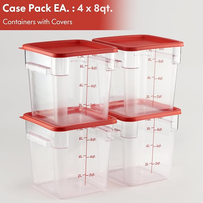 4 Pack Food Storage Container with Red Lid - NSF Listed Commercial Grade in 8.0 Qt - Square, Clear, Polycarbonate - Image 2