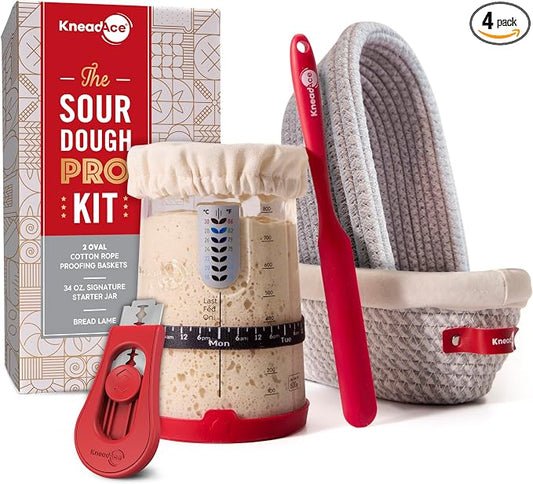 KneadAce Sourdough Starter Kit – 34oz Starter Jar, 2 Oval Banneton Proofing Baskets, Magnetic Bread Lame for Scoring – Gift for Bakers & Complete Sourdough Bread Baking Set by KneadAce-DesignedbyBakers