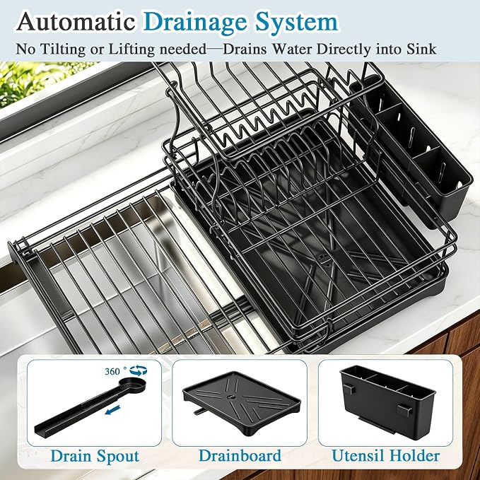 2 Tier Dish Drying Rack, Large Extendable Dish Racks for Kitchen Counter , Dishrack with Drainboard, 2-in-1 Anti-Rust Stainless Steel Dish Drainer with Utensil Holder (Black, double of Dish Rack) - Image 5