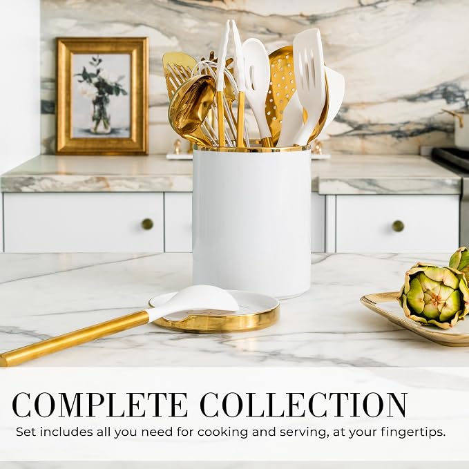 STYLED SETTINGS White and Gold Cooking Utensils Set, 13-Piece | Kitchen Set with White Ceramic Utensil Holder and Stackable Gold Spoon Rest - Luxury Kitchen Accessories for Stylish Cooking - Image 3