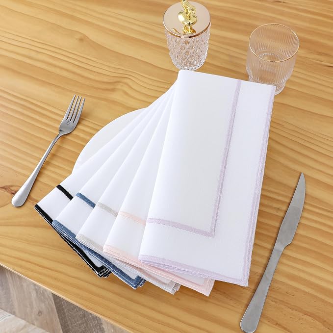 Majestic Giftware Set of 12 Polyester Napkins (NPK-PK) | White Pink Trim Design Dinner Napkins Cloth | Linen Look Washable Cloth Napkins Set for Weddings, Banquets, or Restaurants (20" x 20") - Image 5