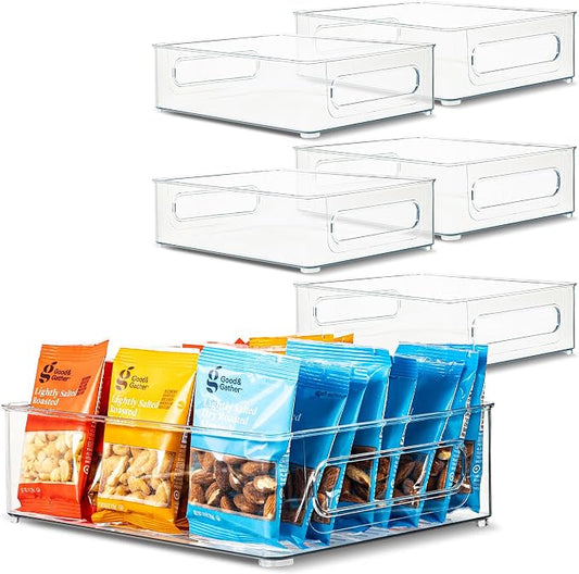 Plastic Food Storage 6 Pack Clear Container Bin with Handles for Organizing Kitchen, Pantry, Refrigerator, Freezer, Pantry, Cabinet, Closet, Bathroom. Stackable 10”x8”x3” by primebox