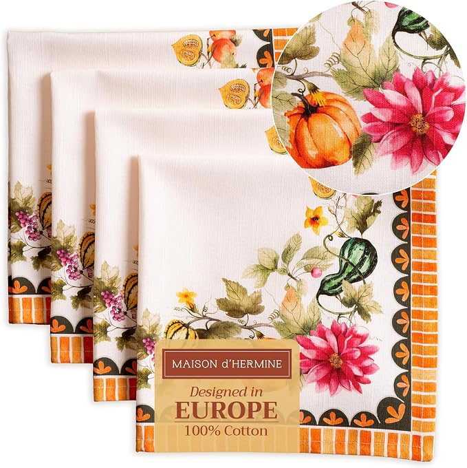Maison d' Hermine Cloth Napkins Set of 4 Reusable 100% Cotton (20" x 20") | Everyday Square Napkins Cloth Washable Dinner Wedding Kitchen Thanksgiving Christmas - Pumpkin Garden - Cloudy Cream by MaisondHermine