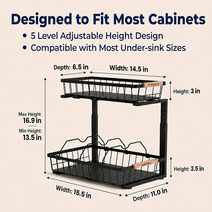 Under Sink Organizer with Motion-Activated LED Lights, 2 Pack, 2 Tier Sliding L-Shaped Carbon Steel Rack with Adjustable Height, Dividers & Hooks (Black) - Image 4