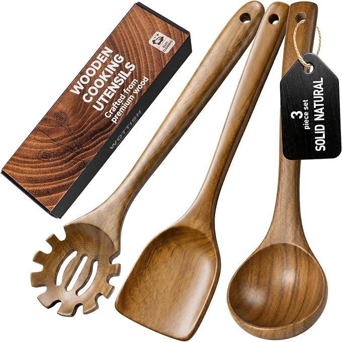 Wooden Spoons for Cooking, 3-Piece Acacia Wood Kitchen Utensil Set, Nonstick Safe Wooden Spoons, Smooth Heat-Friendly Cooking Utensils for Everyday Meals(A03) by WOTTISH