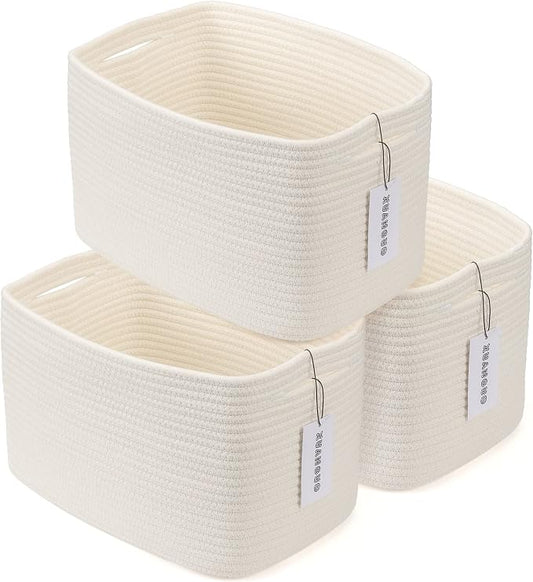 XUANGUO Woven Cotton Rope Storage Baskets 15x10x9.3" 3 Pack White | Decorative rectangular storage baskets for shelves and closets; storage bins organize clothes, toys, books and nursery items. by XUANGUO
