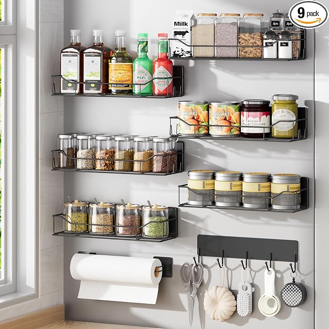 Magnetic Spice Rack for Refrigerator, 9 Pack Magnetic Fridge Shelves W/Adjustable Paper Towel Holder, Hook Rack, Moveable Spice Organizer Shelf for Kitchen Organization and Storage (Black) by IYEBAU