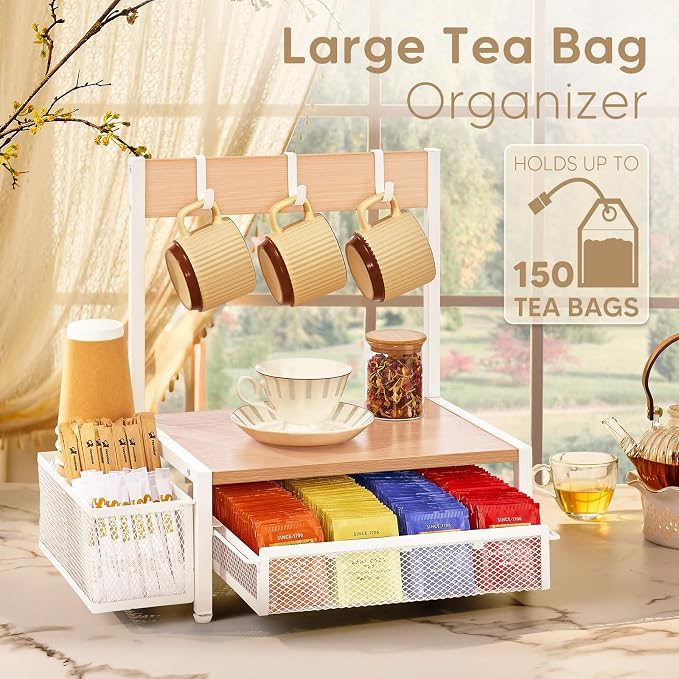 DGWJSU Tea Bag Organizer, Wood Tea Organizer and Storage Cheast, Tea Bag Holder with Storage Drawer, 4 Hooks for Tea Cups Holder, Tea Station Chest Display Container Box for Countertop Kitchen (White) - Image 2
