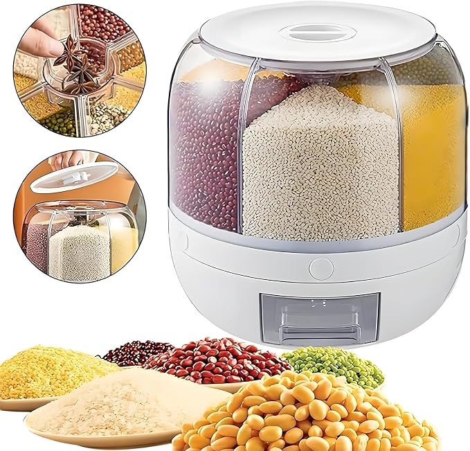 Rotating Grain Storage Bin 6 Grids Rice Container One-Click Output Large Capacity Food Dispenser For Rice Grains Sealed Moisture Proof Organizer (Grey) (Small) - Image 2