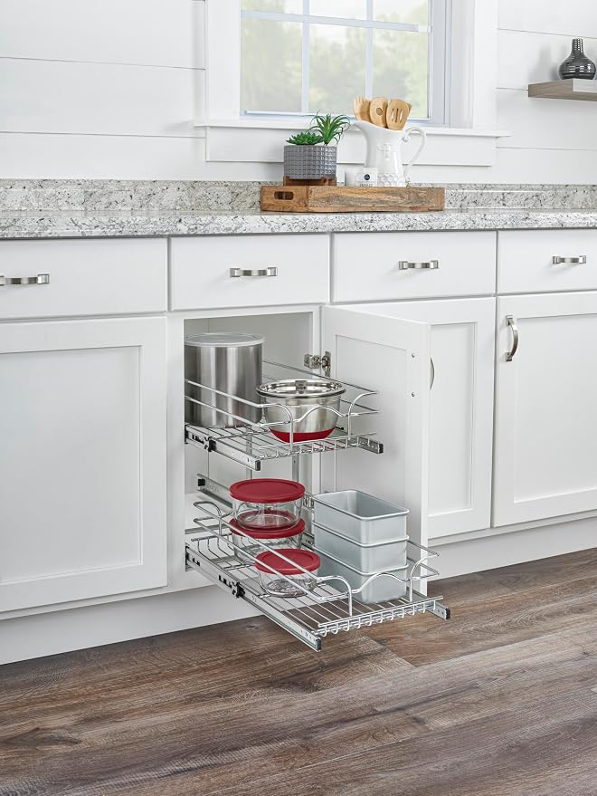 Rev-A-Shelf Pullout Organizer for Cabinets, Min Opening Width of 15" | Two-Tier Steel Shelf for Kitchen or Vanity Cabinet Organization, Heavy Gauge Wire Slide Out Storage Basket, 5WB2-1522CR-1 - Image 2