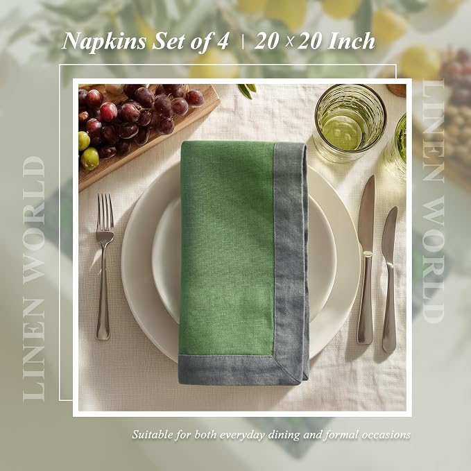 Linen World 100% French Linen Napkins Set of 4,20 x 20 Inch Double Layer Cloth Napkins,Washable Heavyweight for Holiday Dining Kitchen Decor,Grass Green with Slate Gray Contrast Border - Image 4