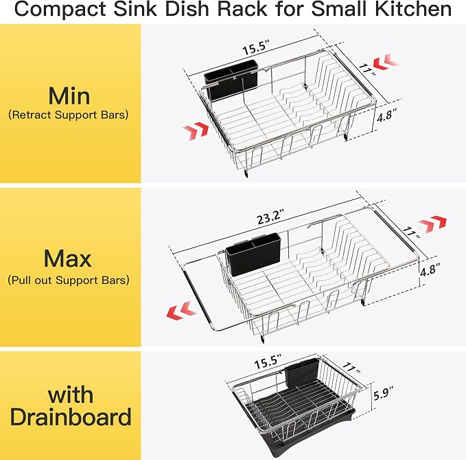 JASIWAY in Sink Dish Drying Rack with Drainboard and Utensil Holder | Use Over the Sink or Counter, Stainless Steel Expandable Dish Drainer for Small Kitchen, Space Saving, Fast Drain, Rustproof - Image 6