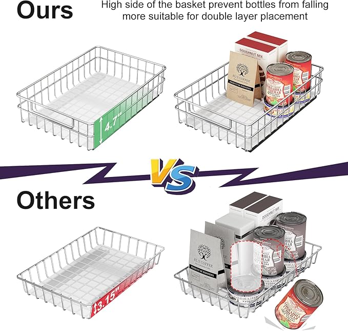 Pull out Cabinet Organizer, Stainless Steel 1-Pack (9.8"W x 16.5"D) Full-Extension Slide out Drawer, Adhesive Roll out Can Spice Storage Basket Shelf Rack for Pantry, Kitchen, Bathroom, Home Closet - Image 4