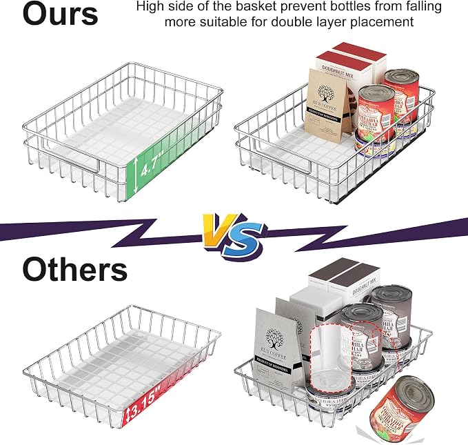 Pull out Cabinet Organizer, Stainless Steel 4-Pack (9.8"W x 16.5"D) Full-Extension Slide out Drawer, Adhesive Roll out Can Spice Storage Basket Shelf Rack for Pantry, Kitchen, Bathroom, Home Closet - Image 4