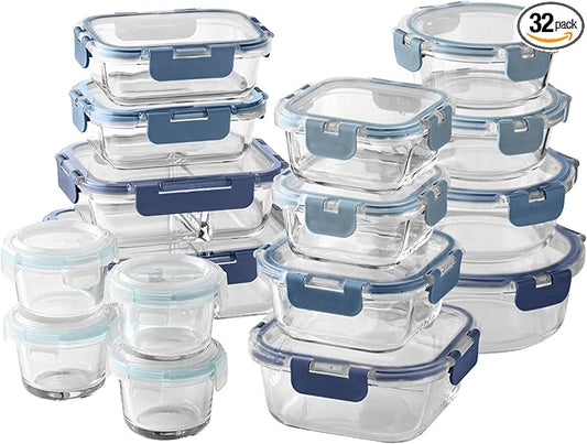 COOK WITH COLOR Premium 32-Pc. Borosilicate Glass Food Container Set with Dividers - 4 Rectangles, 8 Rounds, 4 Squares - Leakproof Lids - Meal Prep, Storage, Ombre Blue by CookwithColor