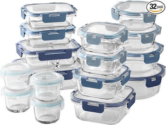 COOK WITH COLOR Premium 32-Pc. Borosilicate Glass Food Container Set with Dividers - 4 Rectangles, 8 Rounds, 4 Squares - Leakproof Lids - Meal Prep, Storage, Ombre Blue by CookwithColor