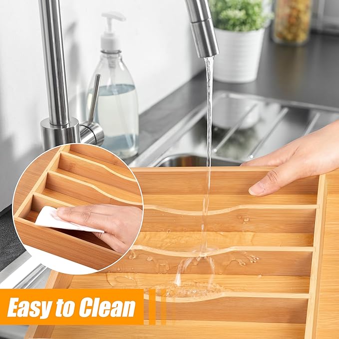 Bamboo Silverware Drawer Organizer, Kitchen Utensil Drawer Organizers, 12"x15.7" Utensils Holder Cutlery Tray with Grooved Drawer Dividers for Kitchen Flatware Bedroom Office(7 Slot, Natural) - Image 6