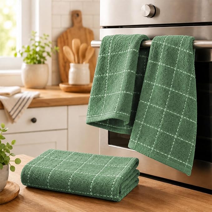 Kitinjoy 100% Cotton Terry Kitchen Towels, 13”x 28”, 8-Pack, Grass Green | Checkered Designed, Ultra Soft Absorbent Quick Drying Dish Towels - Image 7