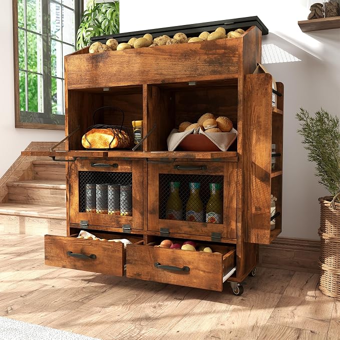 Verano Garden 31.5" Large Potato and Onion Storage Bin on Wheels, Bread Box | Fruit and Vegetable Organizer, Rolling, Side Rack, Flip-top, Mesh Doors, 4-Tier, Grocery Section, Ventilated, Wood, Kitchen by VeranoGarden