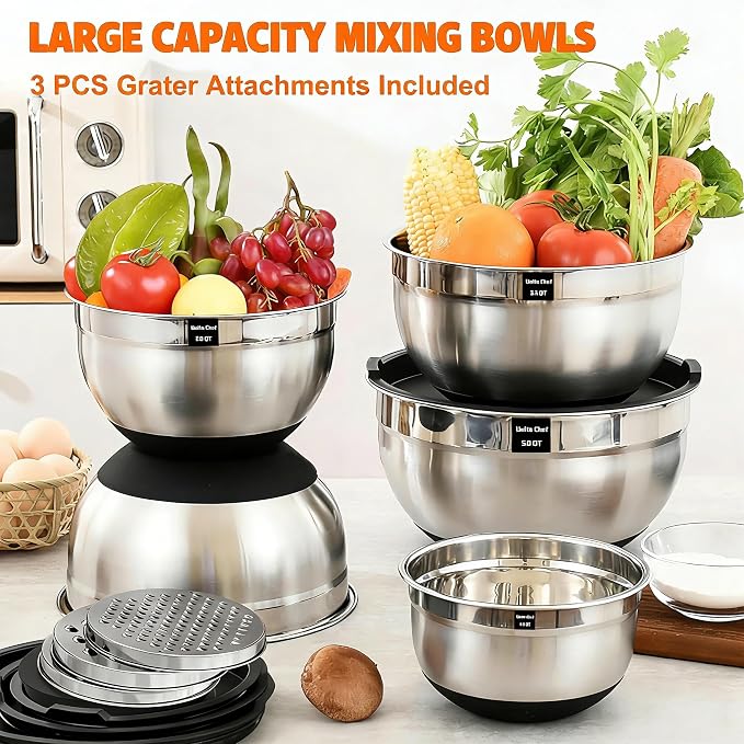 Thickened Heavy-Duty 26pcs Stainless Steel Bowl, Mixing Bowl Set with Lid, Grater Attachment, Non-Slip Bottom and Kitchen Gadget Set, Sizes 7, 4, 2.5, 2.0, 1.5, 1QT, Ideal for Mixing and Serving - Image 3
