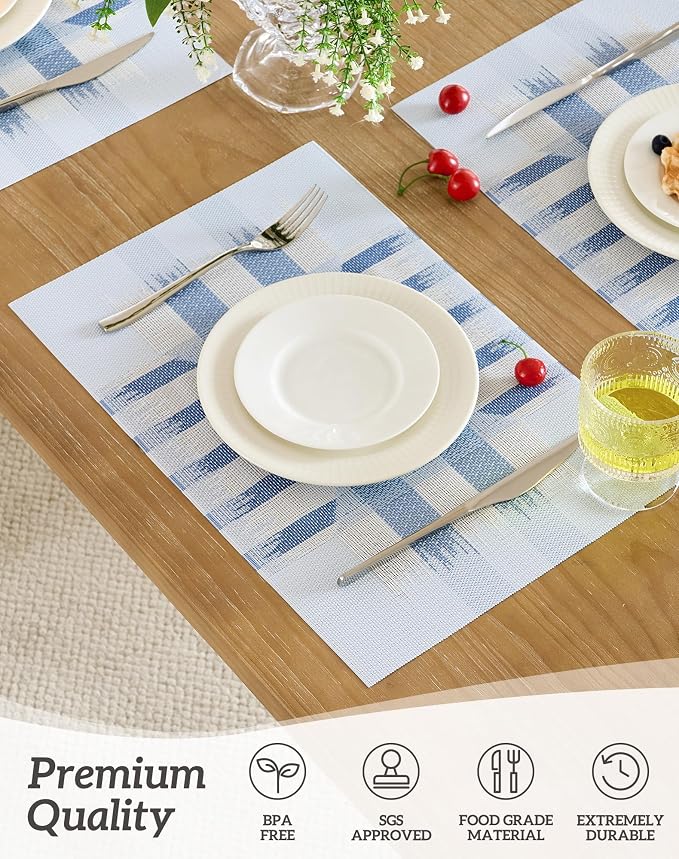 Leetaltree Geometric Print Blue Placemats Set of 12 - Heat Resistant Non-Slip Place mats for Dining Table, Washable Durable PVC Vinyl Woven Table Mats (Geometric Blue, 12) - Image 2
