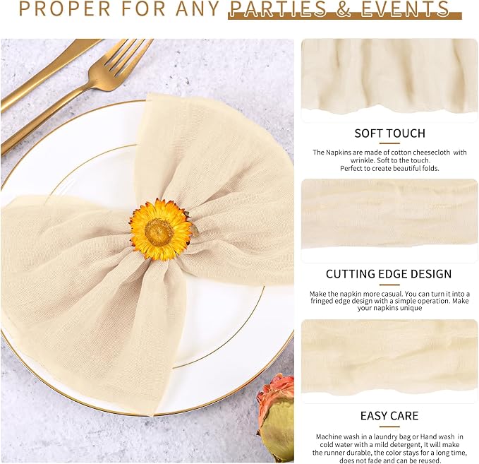100 Pieces Cloth Napkins Beige Dinner Cheesecloth Napkins for Wedding,Wrinkled Cloth Napkins Bulk for Home Party Rustic Table Decoration, 17 x 17 Inch - Image 3