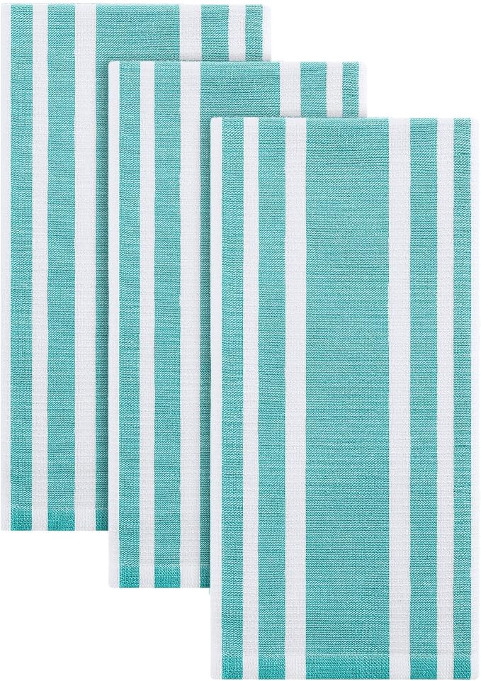Homaxy Premium Cotton Stripe Kitchen Towels 3 Pack, 18"x 28", Teal | Large 380 GSM Kitchen Hand Towels, Soft Terry Dish Towels, Highly Absorbent Tea Towel Set with Hanging Loop by Homaxy