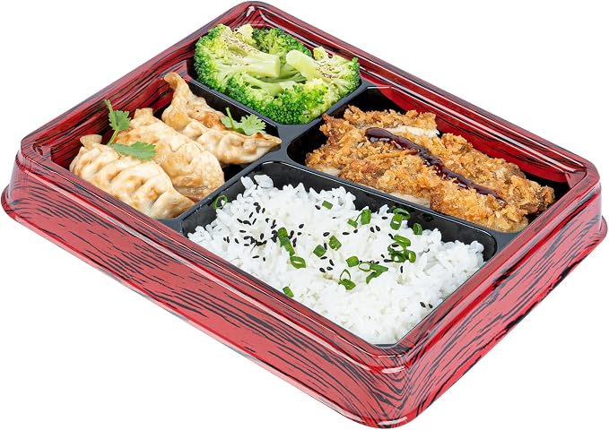 Restaurantware-Bento Tek 18.6 Ounce Meal Prep Containers, 100 Disposable To Go Food Boxes - Lids Sold Separately, 4 Compartments, Red And Black Plastic Bento Lunch Boxes, Freezable, For Take Out - Image 2