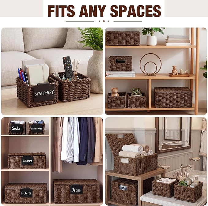 Yookeer 5 Pcs Woven Paper Rope Storage Baskets with Lid and Handles, Brown Large Storage Organizer with Labels, Stackable Rectangular Boho Decorative Baskets for Toys Shelves Bedroom - Image 5