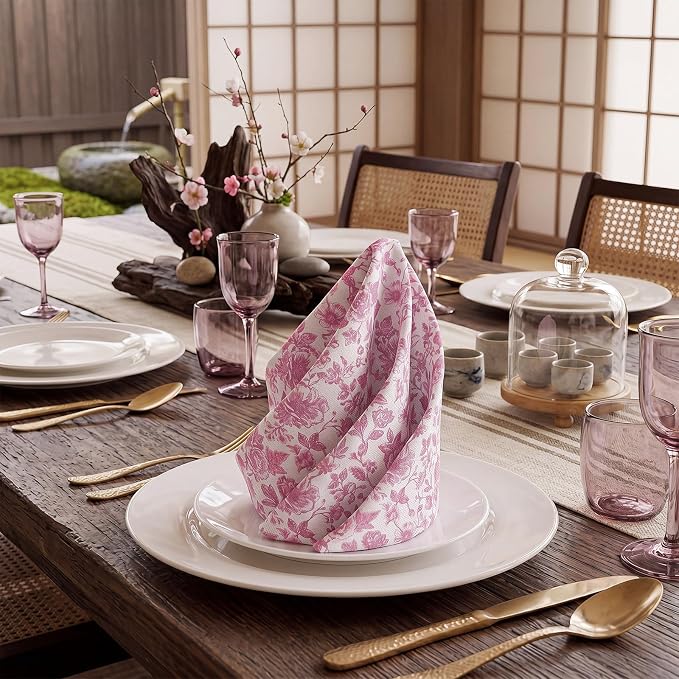 Tegeme 24 Pcs Pink and White Floral Cloth Napkins 15" x 15" Reusable Cotton Napkins, Pink Floral Napkin for Spring Tea Party, Wedding, Catering & Home Decor - Image 6