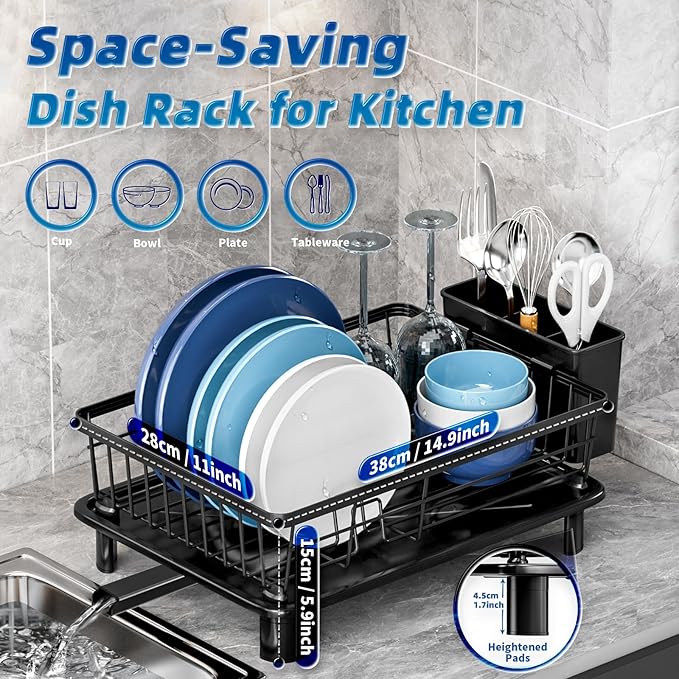 Dish Drying Rack for Kitchen Counter,Stainless Steel,Black | Space Saving,New Drain Outlet,Rotating Spout & Angled Drainboard for Quick Drainage,Removable Utensil Holder - Image 5