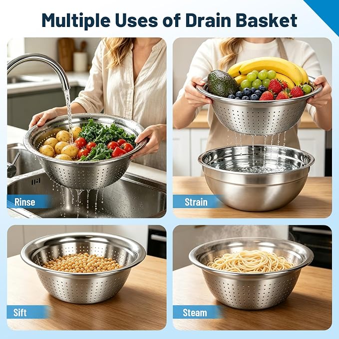 Stainless Steel Mixing Bowls with Lid and Colander Set | Size 6.3, 4.3, 3.6, 2.9QT,9Pcs Multipurpose Kitchen Metal Bowls with Grater,Colander,Egg Whisk,Separator for Baking Serving - Image 4